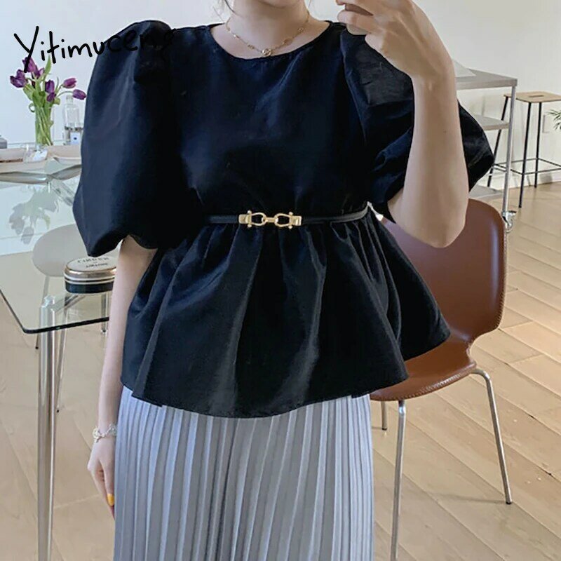 Yitimuceng simples blusa feminina oversized bebê camisas coreano moda puff manga escritório senhora damasco preto rosa topos 2021 verão