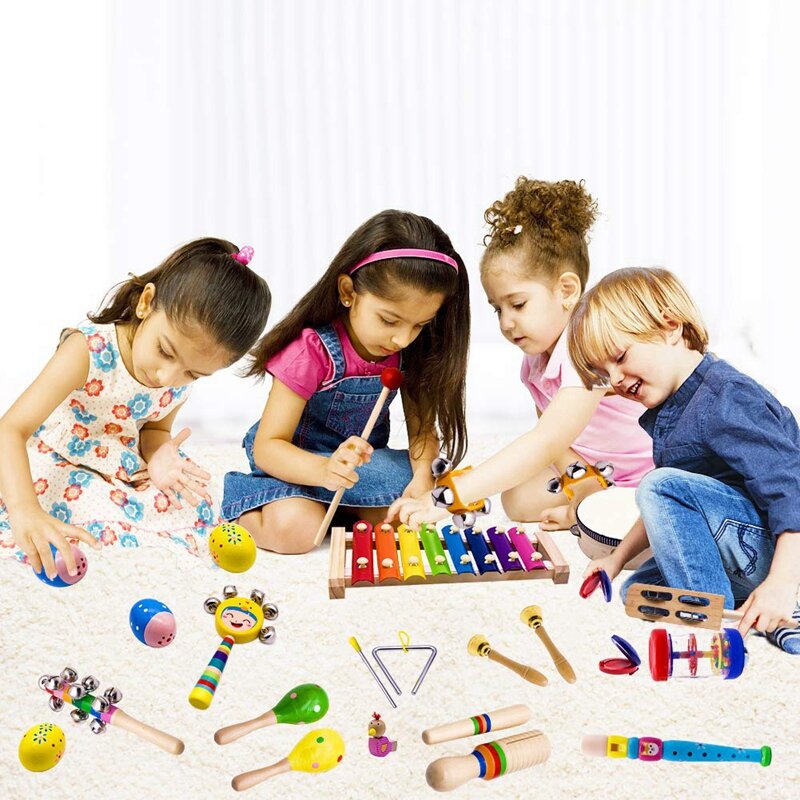 Детские музыкальные инструменты, 15 видов 23 шт. деревянные ударные ксилофон игрушки для мальчиков и девочек дошкольного образования с хране...