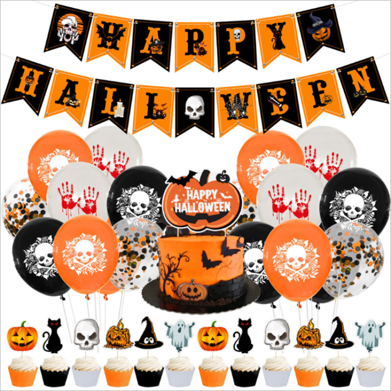 Happy Halloween Vlag Banner Verjaardag Cake Insert Set Halloween Thema Partij Decoratieve Ballon