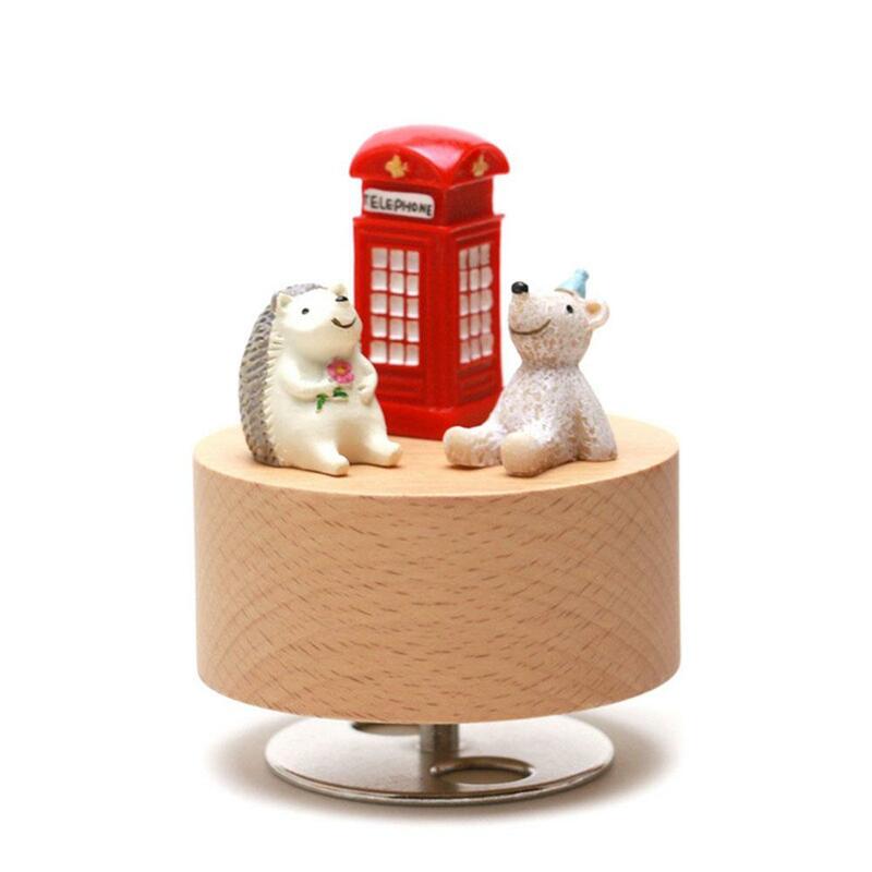 Caja de música redonda Kuulee, Mini Animal de caricatura de madera, mano giratoria, artesanía de música, perfecto regalo de cumpleaños, decoración del hogar