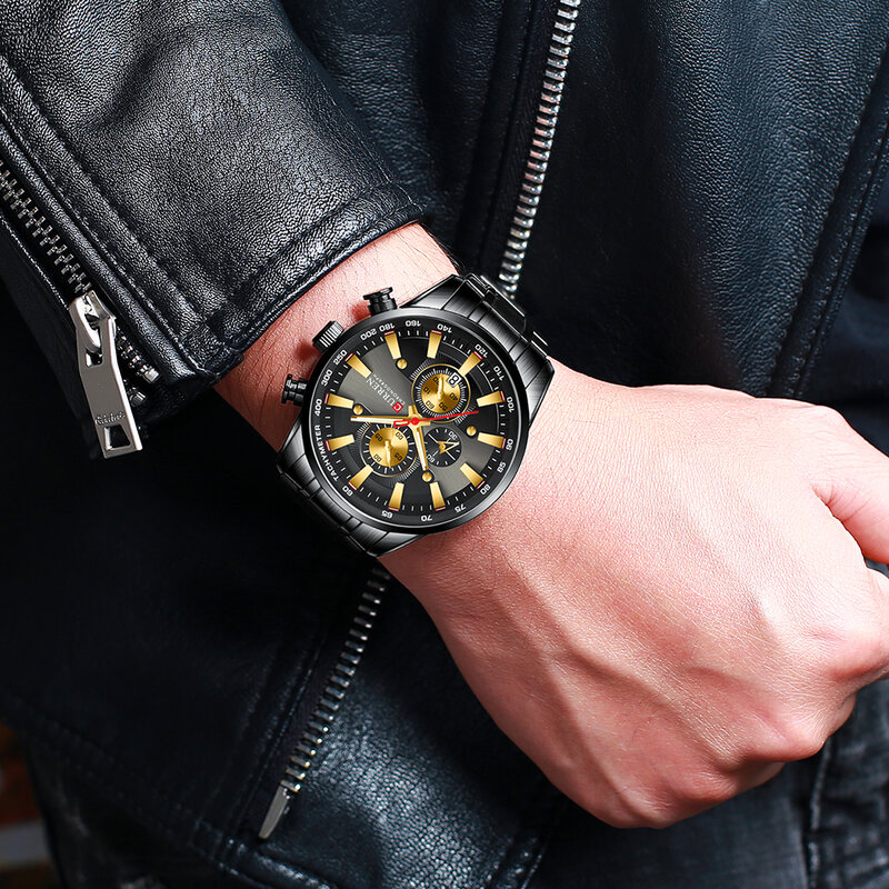 カレンハイエンド男性のスチールベルトの腕時計、ビジネスポータブルシンプルなカラー腕時計、防水3ダイヤルメンズ腕時計