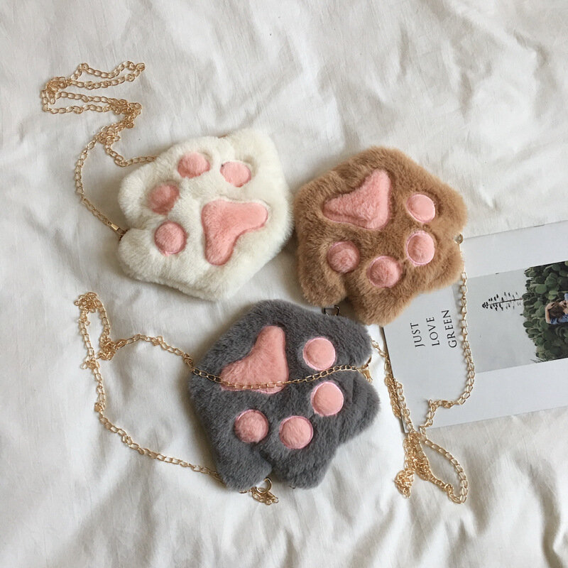 Lovely Children's Soft Plush Coin Purse Baby Boys Accessories Small Messenger Bags Cute Bear Paw Girls Chain Zipper Shoulder Bag