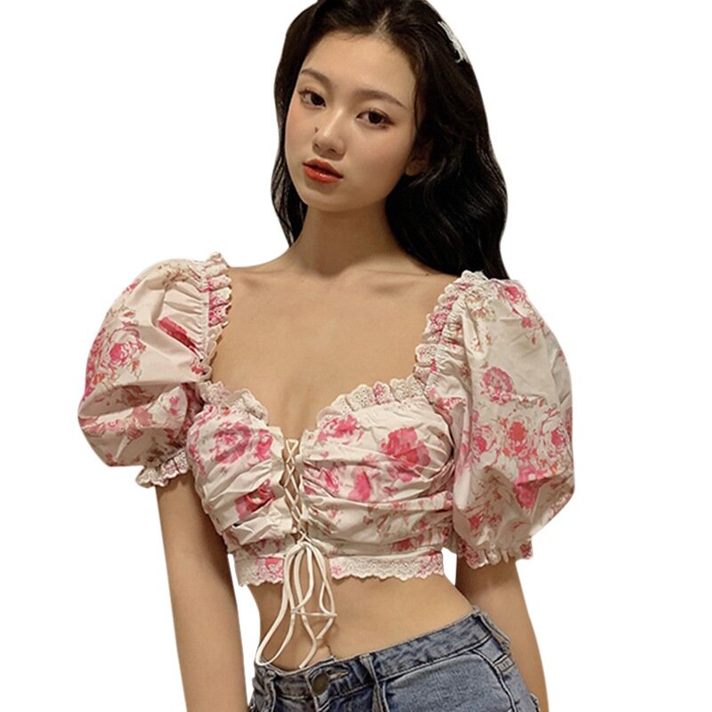 Blusa de chifón con estampado Floral para mujer, camisa de manga corta con cuello oblicuo, moda coreana, para verano