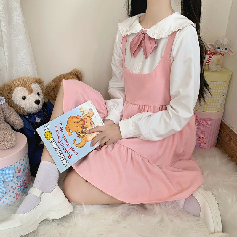 Kaus Telinga Kelinci Pita Loli Cosplay Lolita Musim Gugur Jepang Pakaian Kawaii Gadis Lembut Manis Gaun Suspender Ruffle Tanpa Lengan
