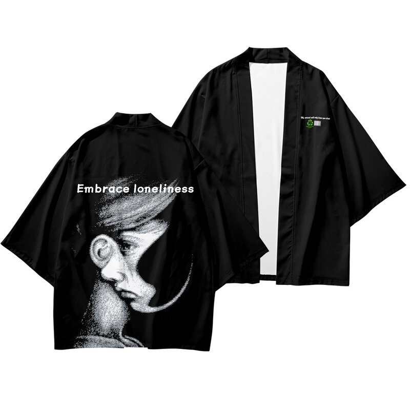 Mannelijke Losse Casual Jas Mode Zwart Print Streetwear Mannen Japanse Samurai Kimono Vest En Broek Jassen Tang Pak