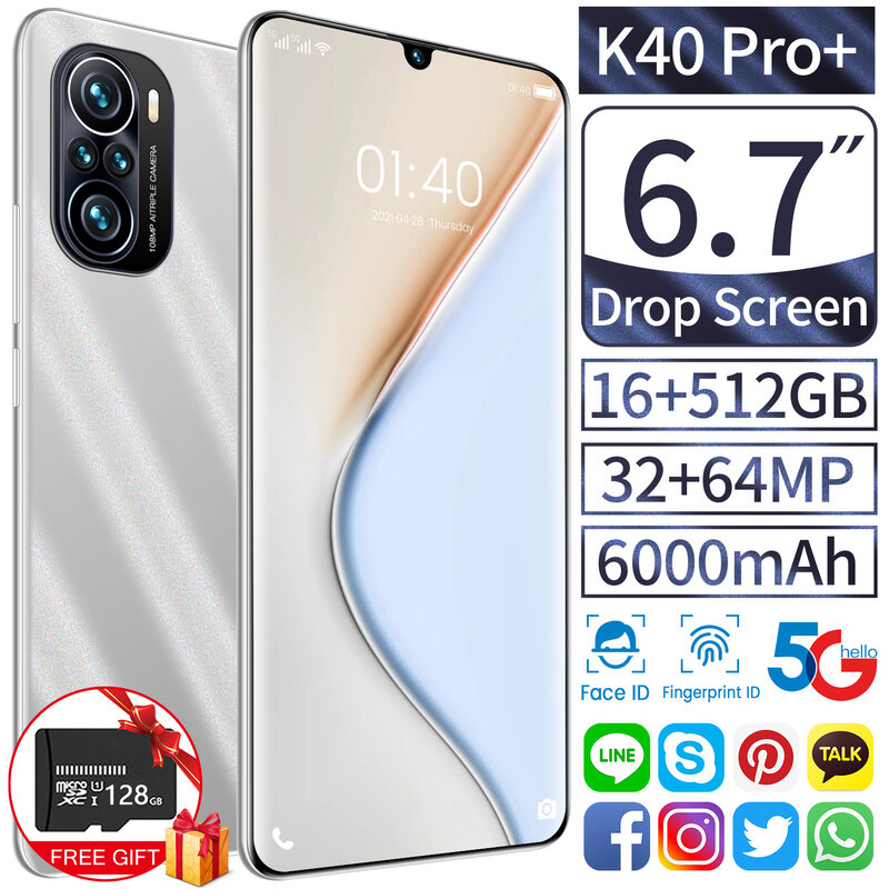 Global K40Pro + 6.7Inch Smartphone Snapdragon 888 16GB RAM 512GB ROM 6000mAh Android11 32+64MP Deca Core CPU Mobile Phone Newest