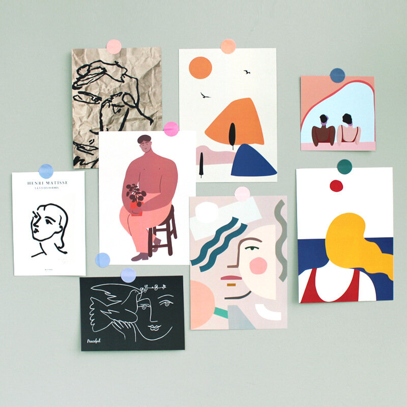 Ins-tarjeta postal de Arte Abstracto Retro nórdico, 3 hojas, ilustración clásica, tarjeta decorativa, Mini póster, pegatina de pared, accesorios para fotos