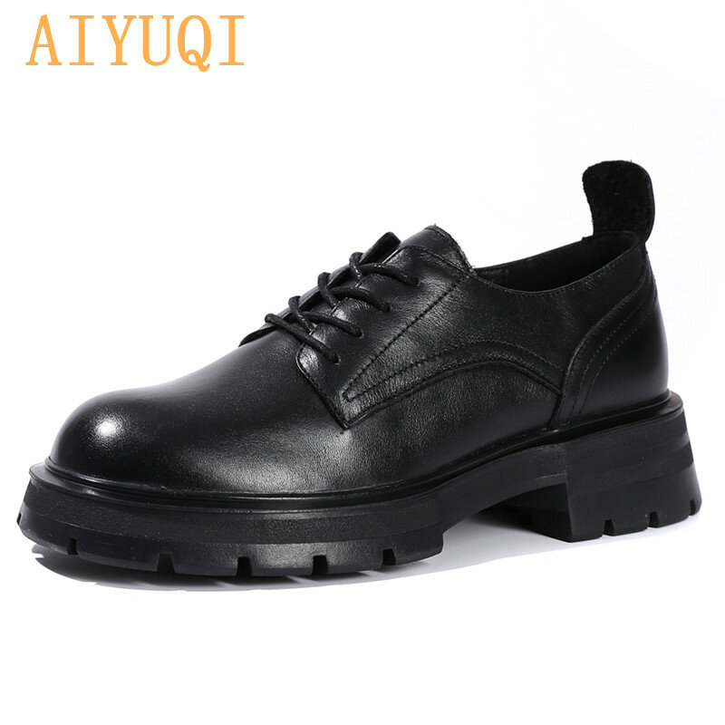 Aiyuqi oxford sapatos femininos de couro genuíno 2021 nova moda outono estilo britânico rendas até grosso único estudante sapatos femininos