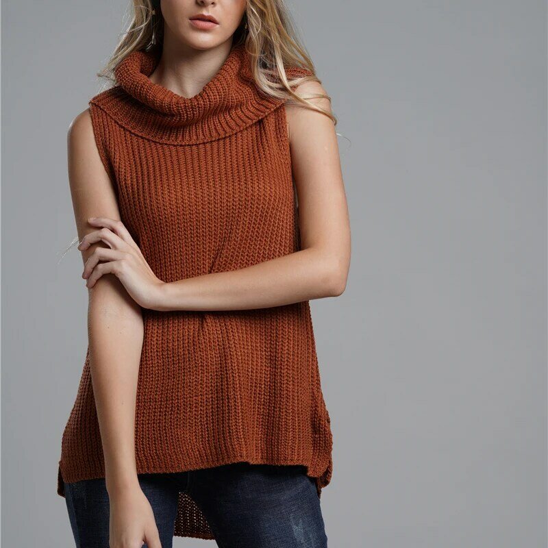 Suéter de cuello alto para mujer, Jersey de punto sin mangas, color puro, informal