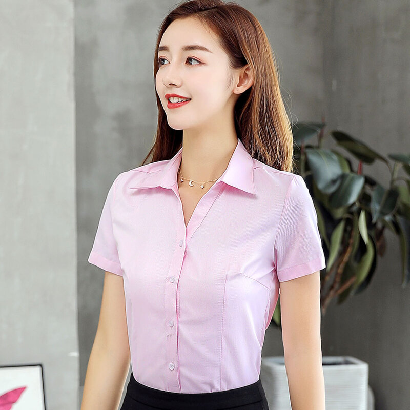 Korean Fashion Cotton Women Shirt Women Solid Short Sleeve Blouses Elegant Women White Work Button Up Shirt Slim Ladies Tops