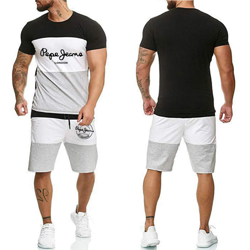 Męski zestaw z krótkim rękawem Pepe Print T-shirt i szorty garnitury letnie w stylu Casual, w paski Streetwear męskie odzież sportowa do kulturystyki