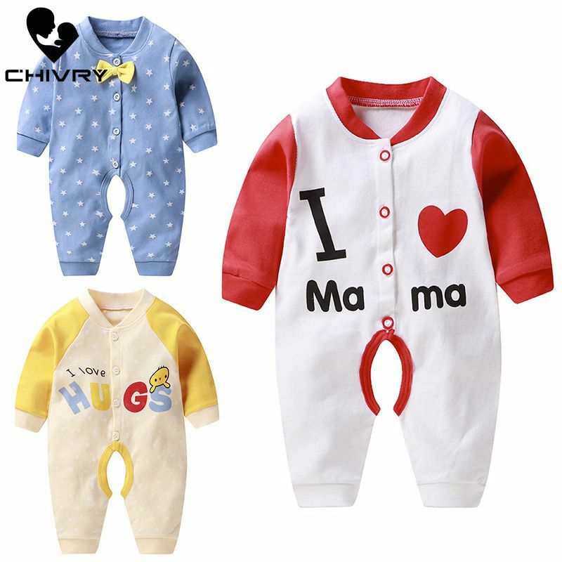 Nowy 2020 Baby Boys Girls pajacyki jesień z długim rękawem przycisk V-neck śliczny nadruk kreskówkowy kombinezon noworodka Playsuit odzież dla niemowląt