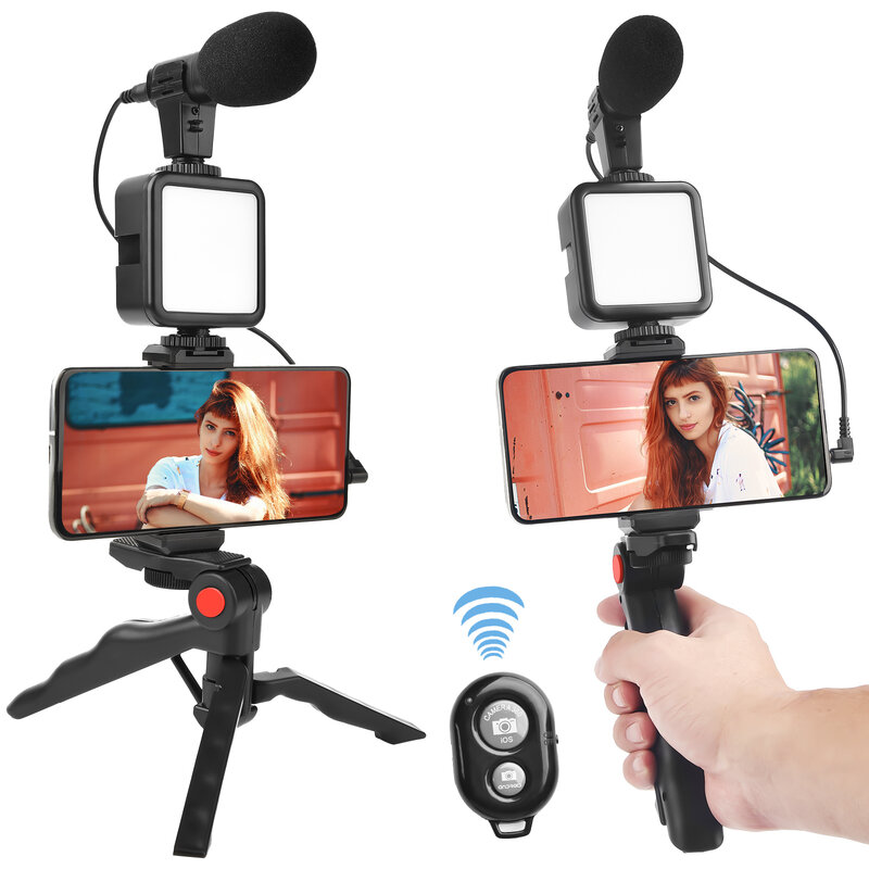 Fotografie Led Video Licht Voor Foto Dslr Slr KIT01 Smartphone Vlog Led Video Light Kit Met Statief Microfoon Koud schoen