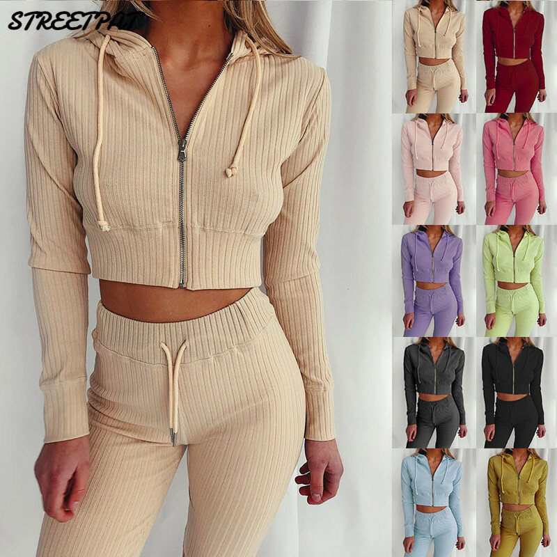 Ribbed Hoodie Two Piece Set Tracksuit Women Long Sleeve Sweatshirt Pencil Pants Suit Joggers Sport Fitness Outfits Sweatsuits