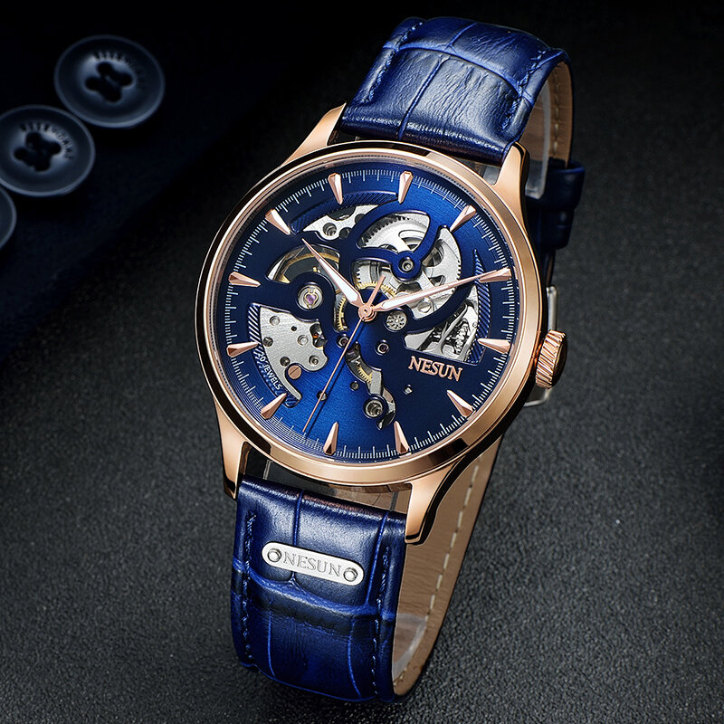 Nesun relógio masculino de marca luxuosa suíça, relógio original para homens, relógio de pulso mecânico em couro legítimo 2020