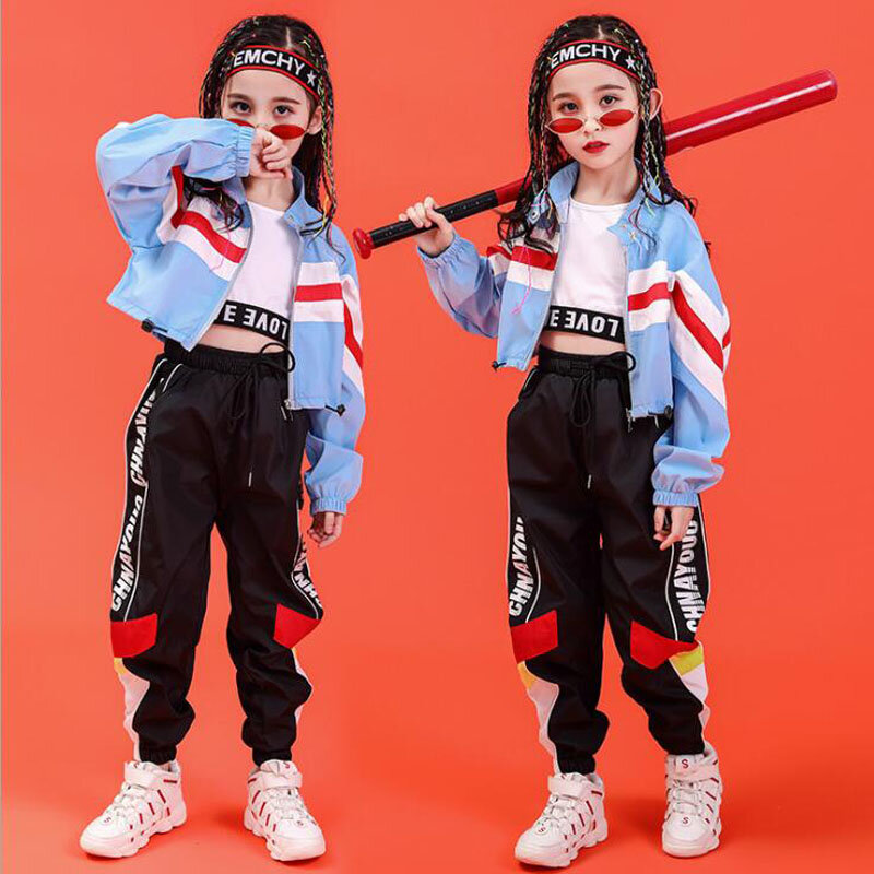 Детская одежда для выступлений в стиле хип-хоп, свитшот, укороченный топ, Свободные повседневные штаны для бега для девочек, костюм для джаз...