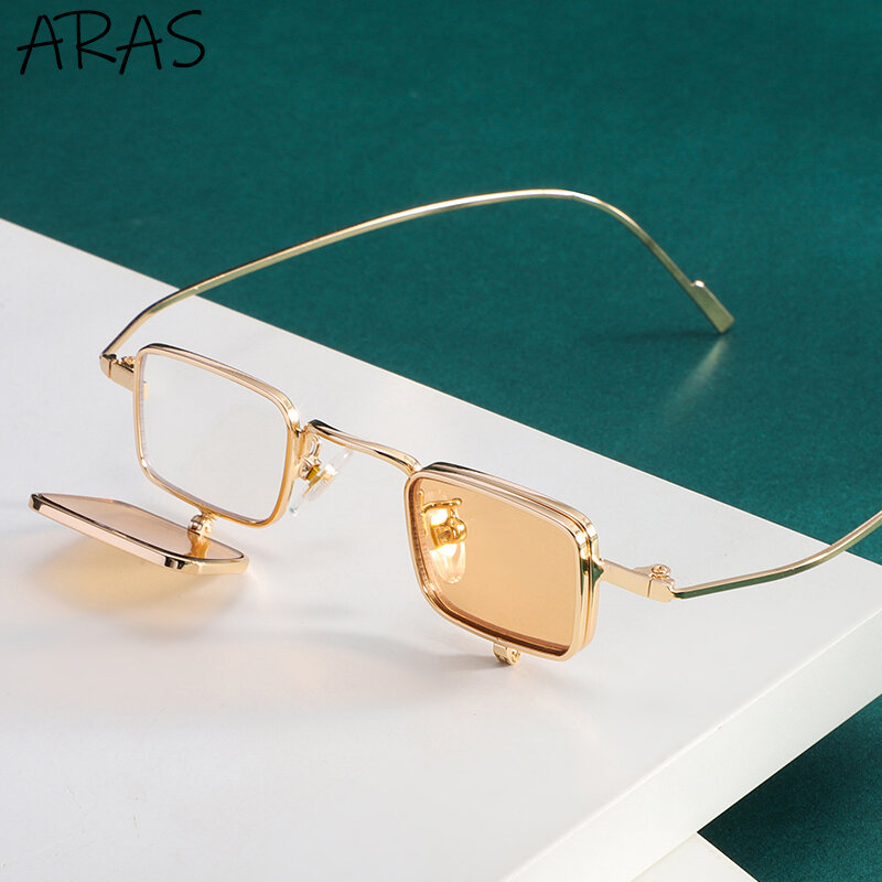Kacamata Hitam Flip Steampunk Antik 2021 Kacamata Hitam Bingkai Persegi Logam Kecil Retro untuk Wanita Kacamata Oculos Merek Desainer