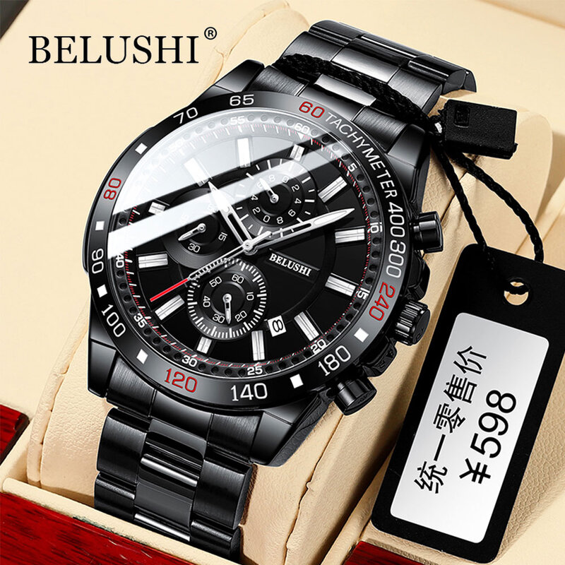Belushi-reloj grande de acero inoxidable para hombre, cronógrafo de cuarzo, resistente al agua, color negro