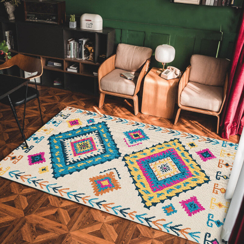 Boêmio grande tapete tecido algodão linho tapete de cabeceira tapete geométrico sala estar quarto almofada para decoração casa