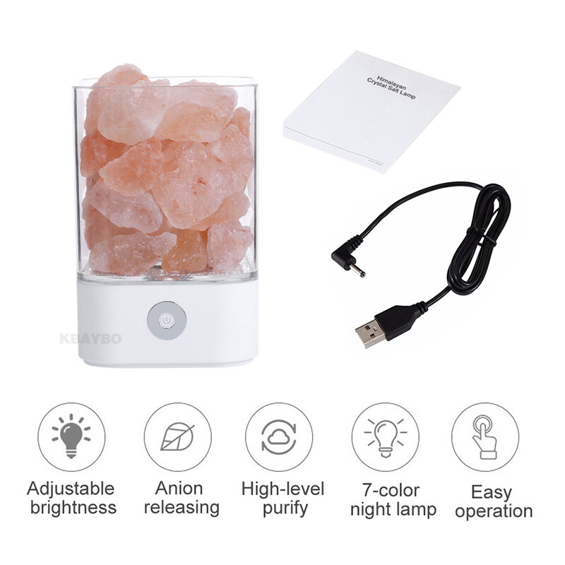 Хрустальный светильник USB, лампа из натуральной гималайской соли, светодиодная лампа, очиститель воздуха, создание настроения, домашний теп...