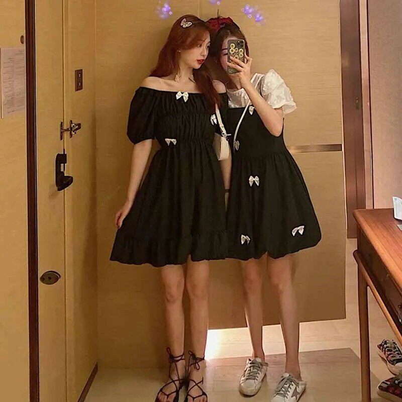 일본 헵번 스커트 보우 드레스 여성 프랑스 스퀘어 칼라 블랙 드레스 한국 스타일 반팔 드레스 여름, 2021 패션