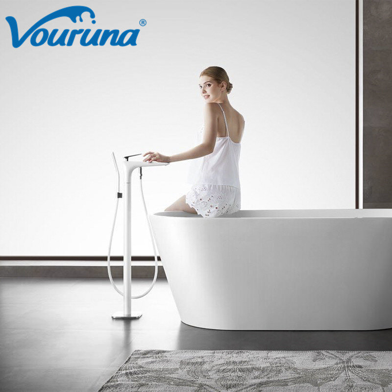 VOURUNA Luxuriöse Chrom/Weiß/Schwarz Stand Badewanne Wasserhahn Kostenloser Montiert Badewanne Füllstoff Mischbatterien