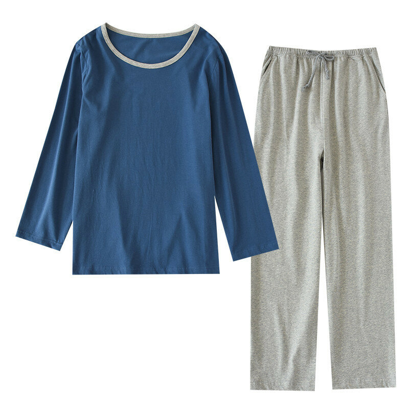 Pijamas de punto 100% de algodón para hombre, ropa de dormir fina de manga larga con cuello redondo, sólido, de talla grande, 2 piezas, venta al por mayor