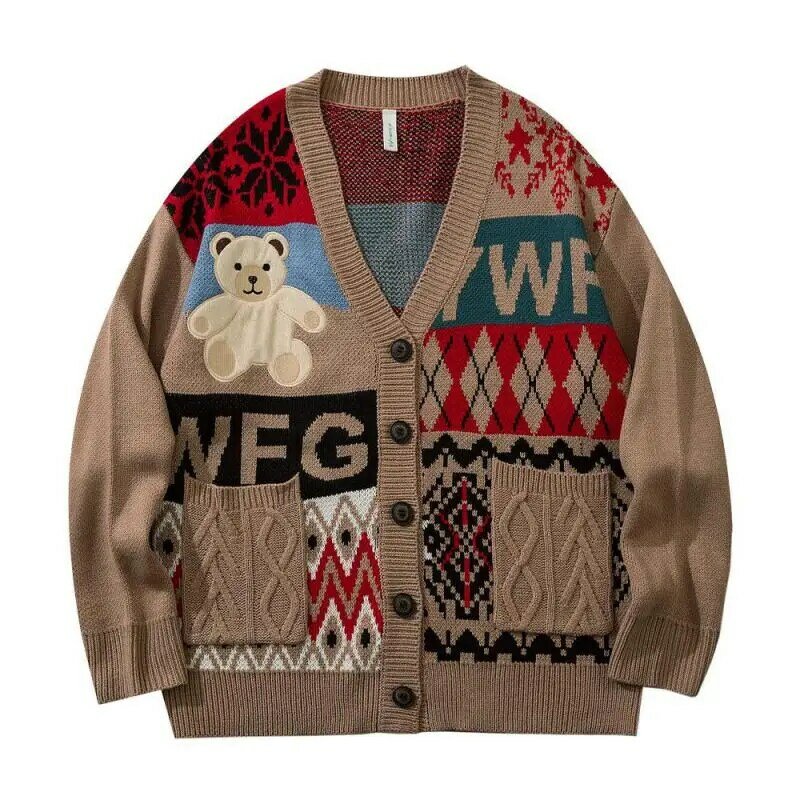 2021 Autumn And Winter New Retro Ethnic Sweater Men And Women Ins Tide Brand Cute Bear Pattern Loose V-neck Knitted Cardigan