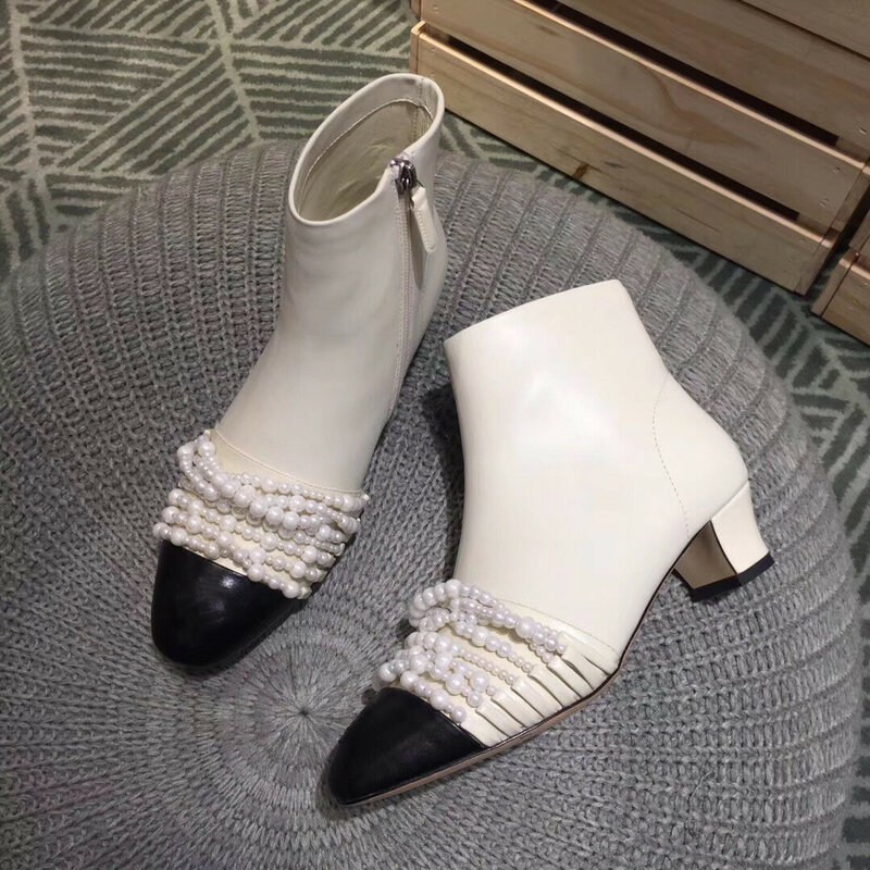 Ollymurs 여성 신발 새로운 겨울 정품 가죽 발목 부츠 진주 체인 Med Heels 디자이너 신발 바느질 지퍼 라운드 발가락