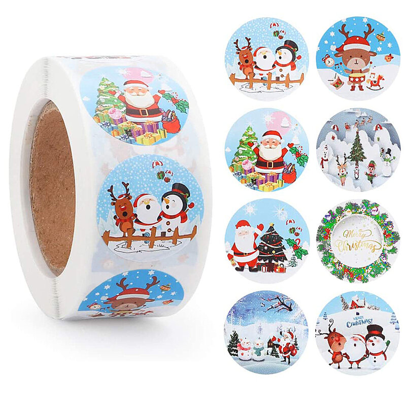 500PCS/Roll Merry Christmas Stickers Round Holidays Stickers Labels for Xmas Thank you Greeting Cards Sealing Gift Decor Sticker