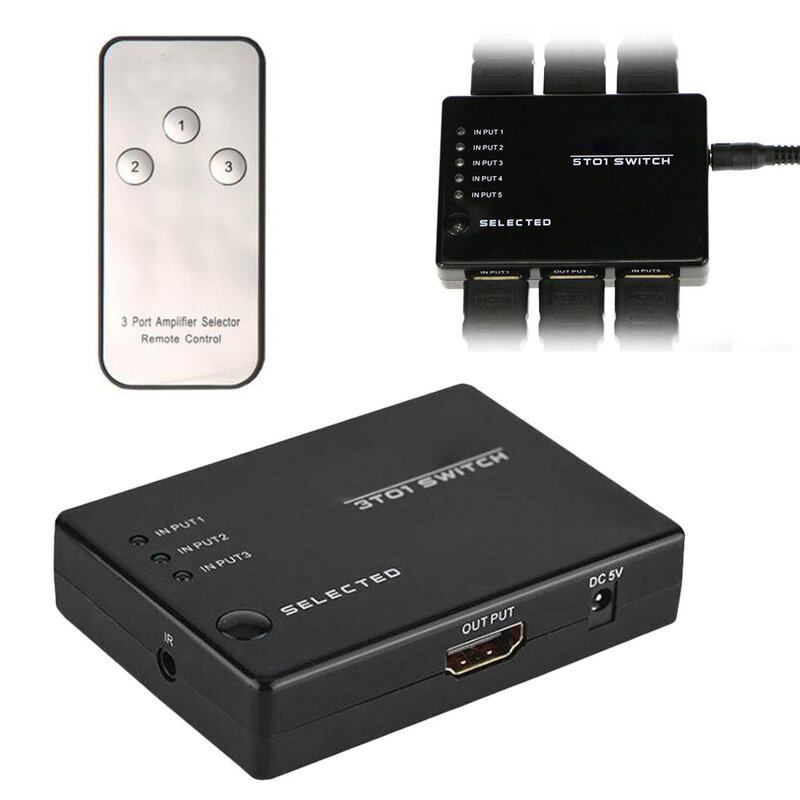 MINI Splitter 3 Port Hub Box Auto Switch With Remote Control Output  Switcher 3D 1080p For HDTV XBOX PS3
