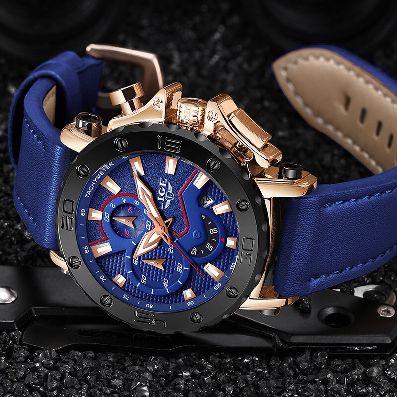 LIGE 新メンズ腕時計トップブランドの高級ビッグダイヤルクロノスポーツ腕時計メンズ防水レザークォーツ時計レロジオ masculino