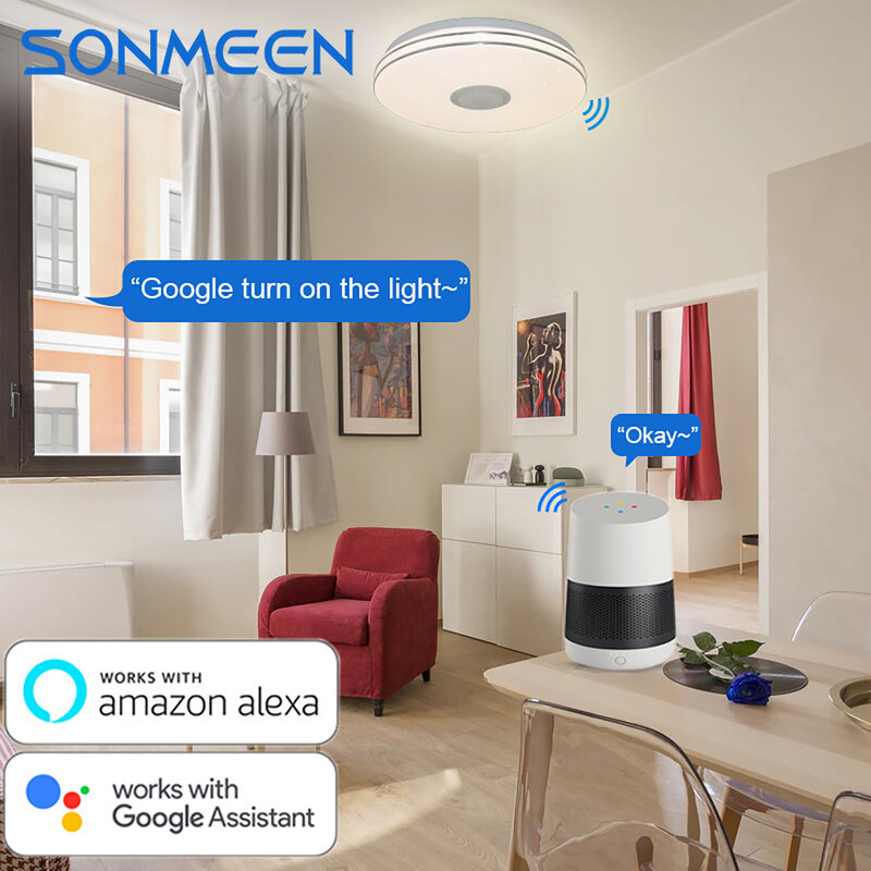 SONMEEN 33CM WiFi Modern RGB Lampu Langit-langit LED Aplikasi Rumah Bluetooth Lampu Pintar Musik + Remote Control untuk Google Assistant/Alexa