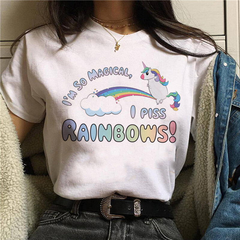 Camiseta de unicórnio feminina, camiseta estilo coreano e divertido para mulheres, estilo harajuku, ullzang, unicórnio, kawaii, anos 90
