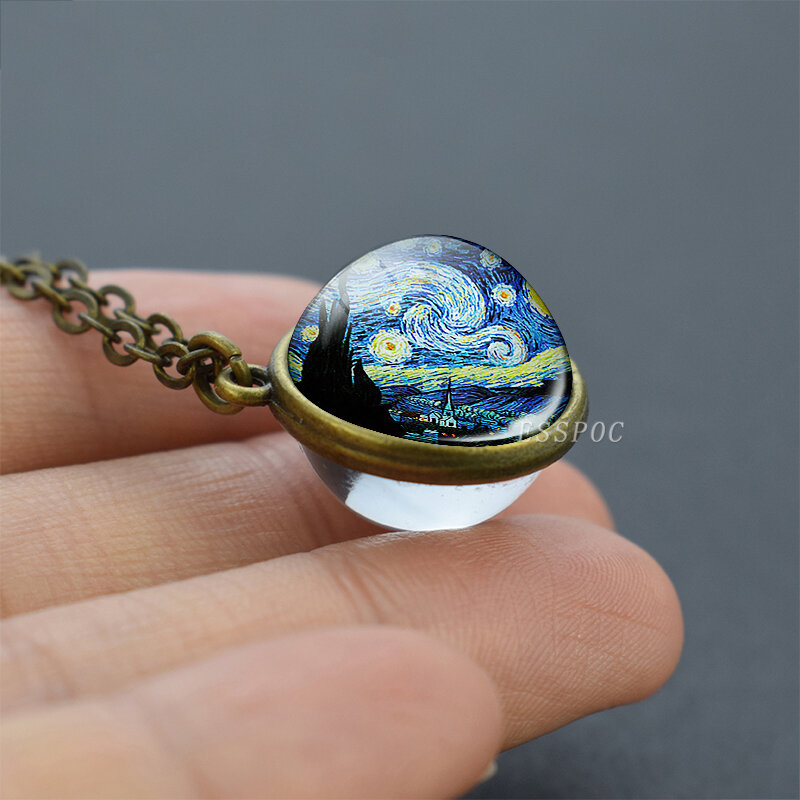 Van Gogh abstrait peinture à l'huile verre boule collier la nuit étoilée pendentif cuivre chaîne collier Art bijoux livraison directe