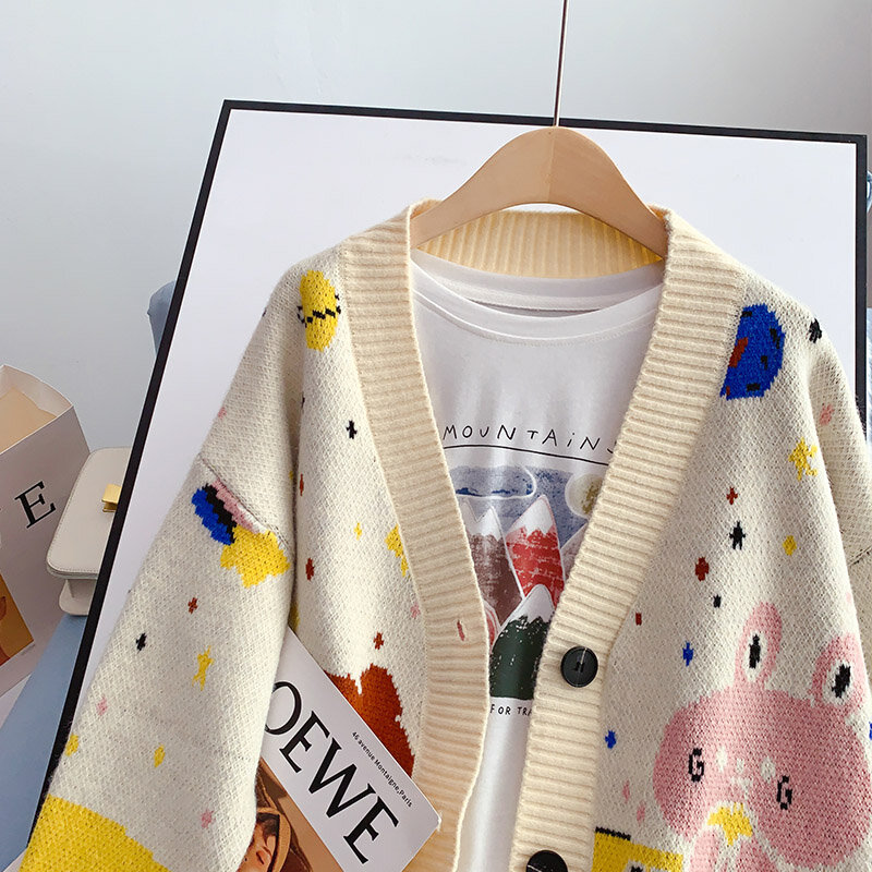 EBAIHUI frauen Pullover Cartoon Kaninchen Bär Print V-ausschnitt Strickjacke Adrette Mantel Koreanische Mode Lose Gestrickte Jacken