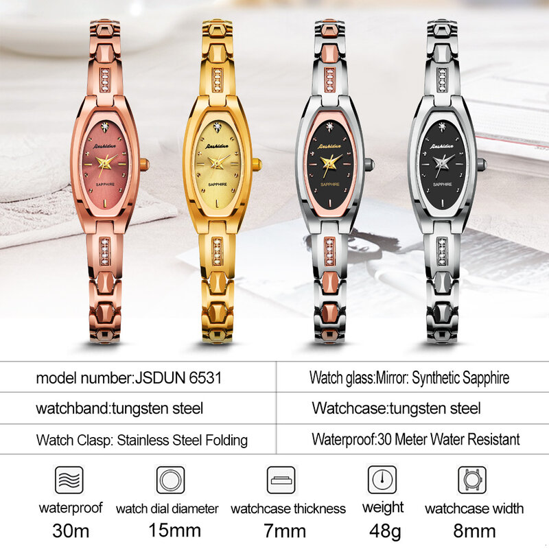 Jsdun Top Merk Quartz Horloges Voor Vrouwen Horloge Goud Luxe Wolframstaal Vrouwelijke Horloges Dames Elegant Sapphire Relogios