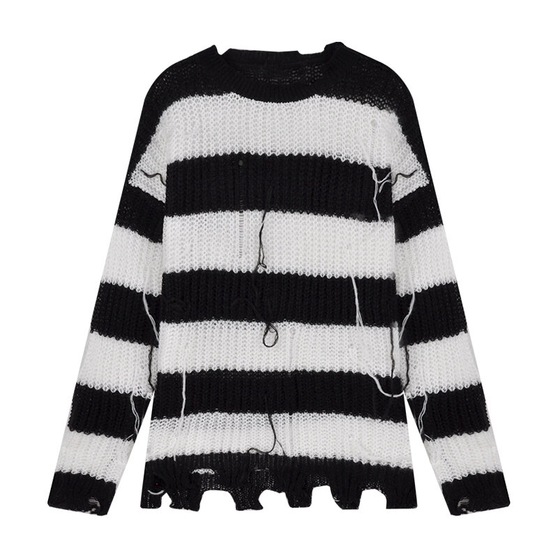 Striped Sweater Women's Autumn Hole Irregular Design Sense Of Minority Knitted Sweater Loose Medium Long Lazy Sweater Top
