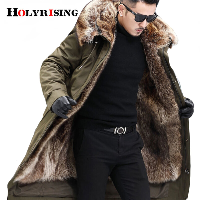 Holyrising-abrigo largo con cuello de piel grande para hombre, parka gruesa, chaqueta de piel de mapache falsa, abrigo cálido, compatible con Rusia, Invierno
