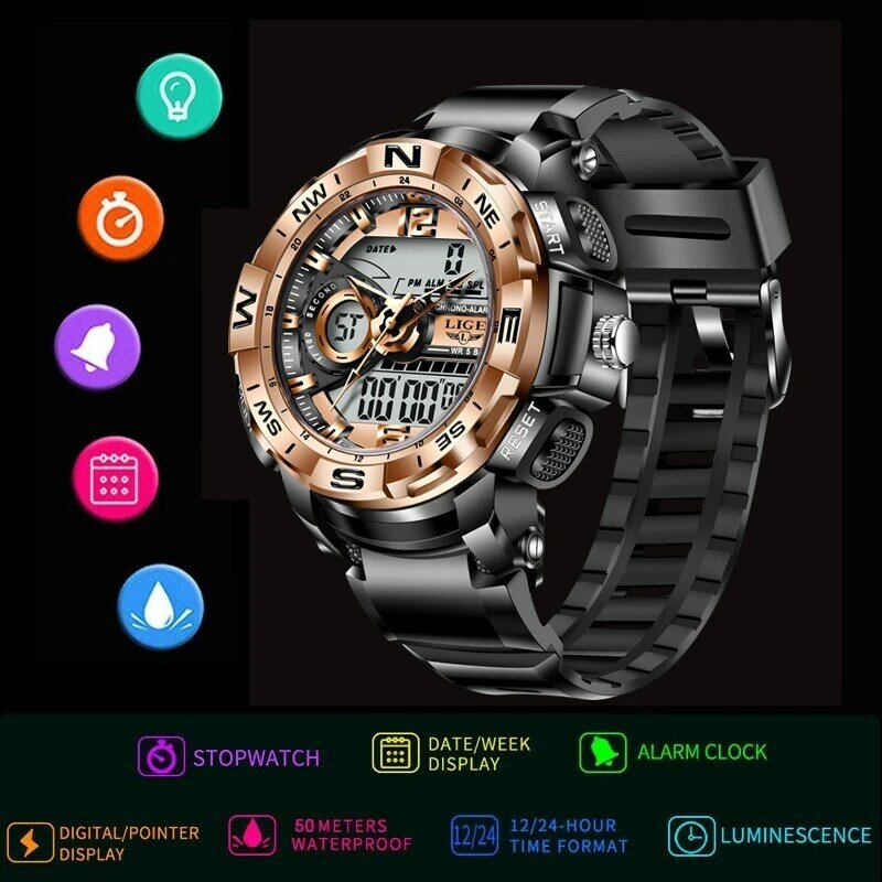 2021 LIGE Sport mężczyźni cyfrowy zegarek kwarcowy kreatywny nurkowanie zegarki mężczyźni wodoodporny zegarek z budzikiem podwójny zegar z wyświetlaczem Relogio Masculino