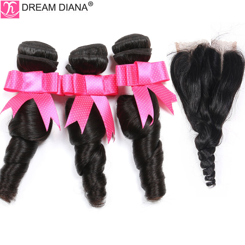 Dreamdiana malaio onda solta 3/4 pacotes com fecho de cabelo encaracolado remy pacotes com fechamento do laço 100% cabelo humano com fechamento