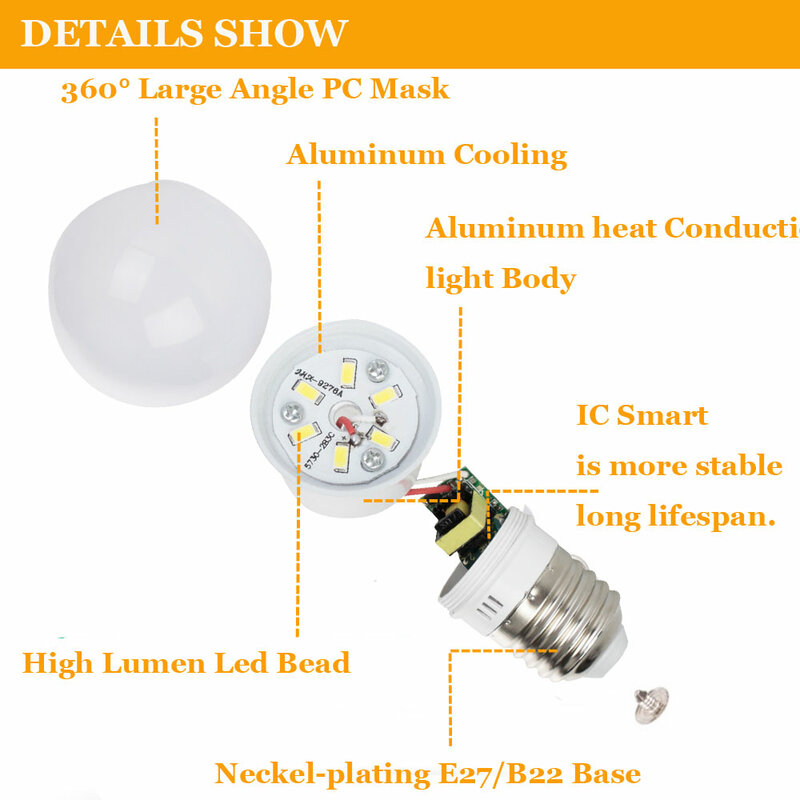 O bulbo conduzido e27 b22 pode ser escurecido 3w 5w 7w 9w lampada conduziu a lâmpada ac 220v-240v bombilla spotlight frio/branco morno