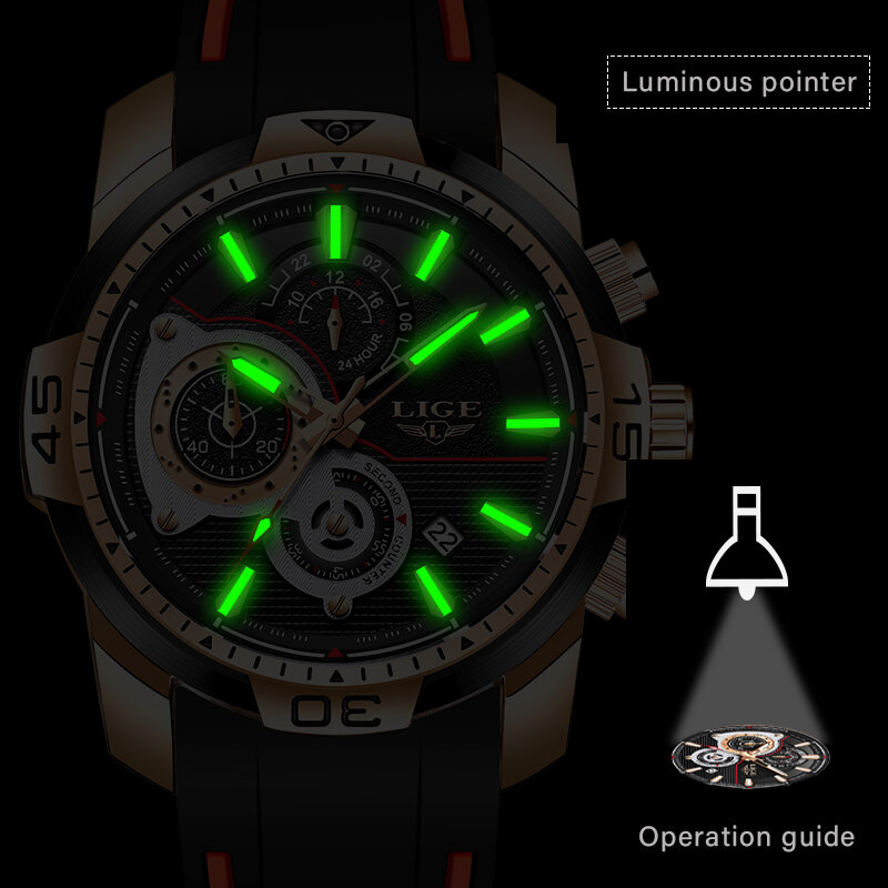 Reloj LIGE Mensนาฬิกาสายคล้องคอซิลิโคนTOPยี่ห้อLuxury Sport Chronographทหารนาฬิกากันน้ำ + กล่องRelogio Masculino