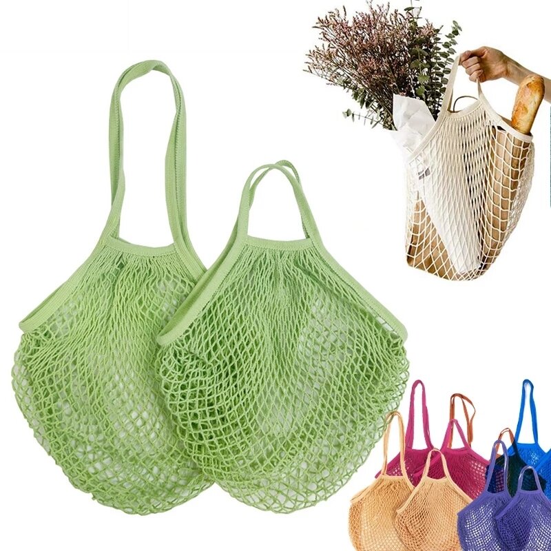 Bolso de malla de algodón con asa larga para mujer, bolsa de hombro reutilizable para guardar frutas y verduras