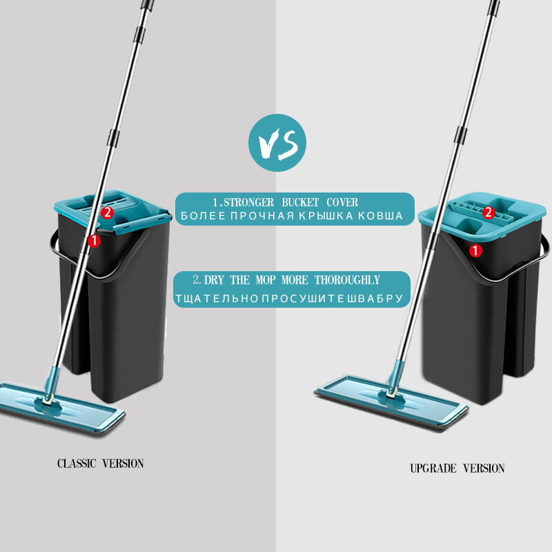 Hands Free Floor Mops with Bucket Flat Squeeze Mop 360 Rotating Home Kitchen Household Cleaning Mops Wet or Dry Usage
