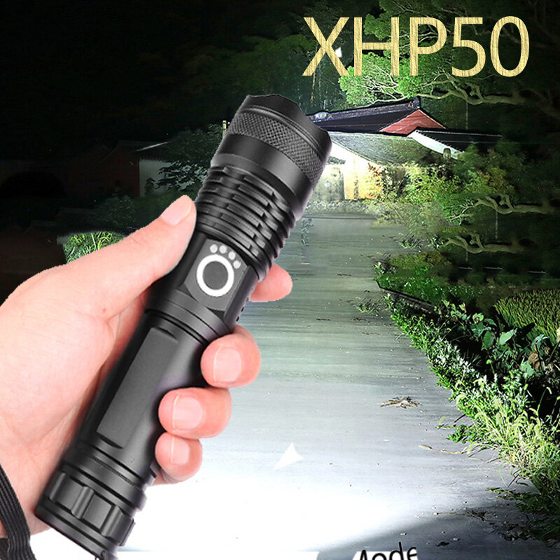 戦術的なLED懐中電灯,xhp50,強力な懐中電灯,キャンプ,屋外ズーム,USB充電式,フラッシュ,狩猟用ランタン