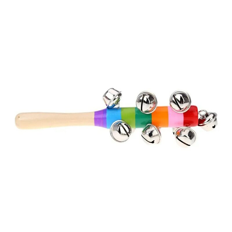 Hand held bell vara de madeira com 10 jingles metal bola colorido arco-íris percussão brinquedo musical para ktv festa crianças jogo