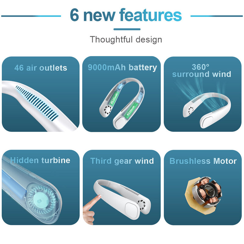 Xiaomi Neck Fan Tragbare Mini Blattloser Ventilator 9000mAh Wiederaufladbare Fan Hängen Sport Fans für Home Outdoor Klimaanlage Kühler