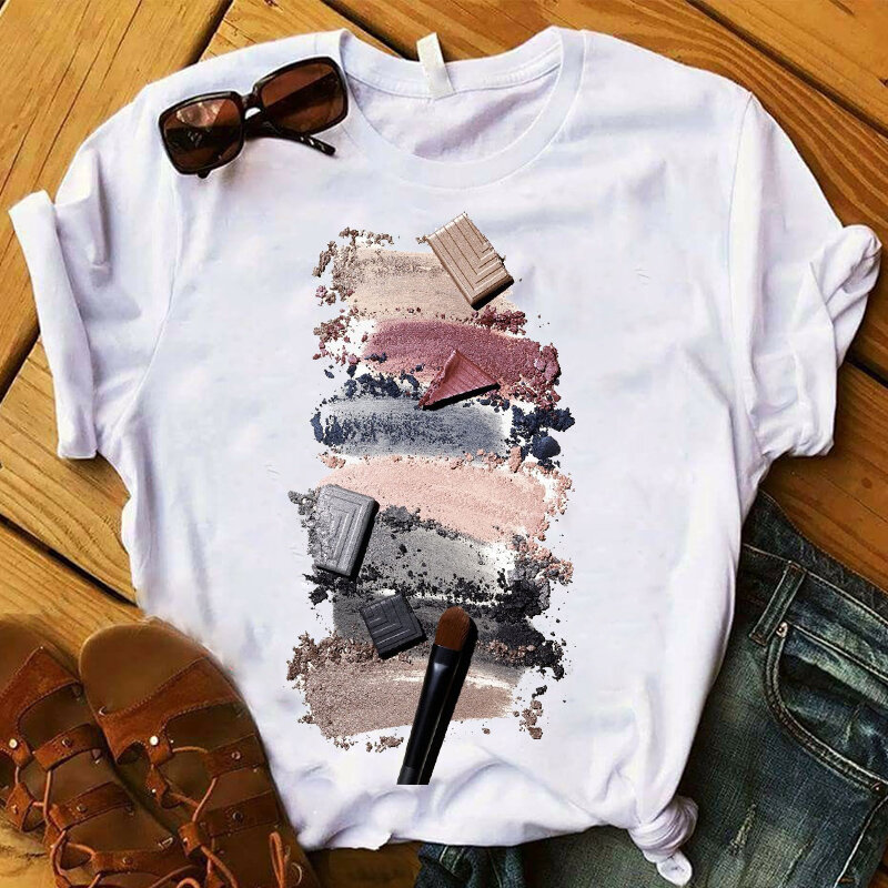 Camiseta feminina estampa 3d, maquiagem, manga curta, folgada, camiseta feminina