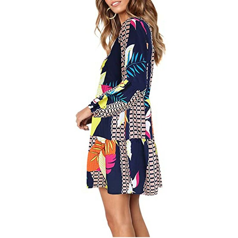 Mini vestido casual feminino, vestido da moda de verão, de manga longa, com estampa de folha de bordo, solto, confortável, 2021
